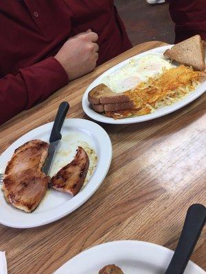 Country ham, eggs, hash browns and toast. My husband loved his breakfast.