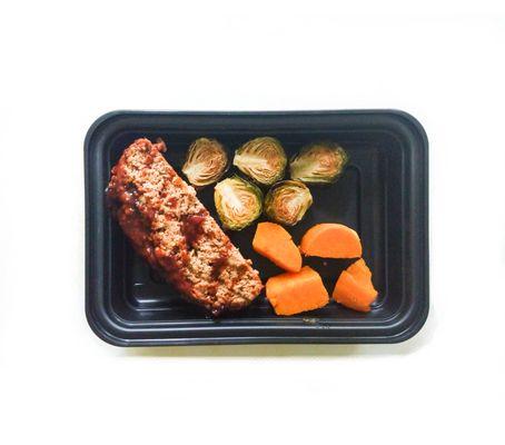 Meatloaf, roast brussel sprouts, diced baked sweet potato