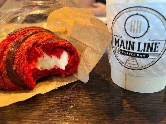 Red velvet croissant and coffee