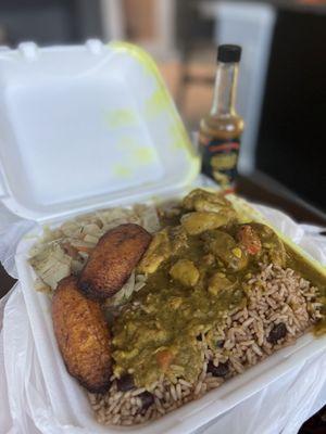 Curry Chicken Rice and Pea cabbage and Fried Plantains