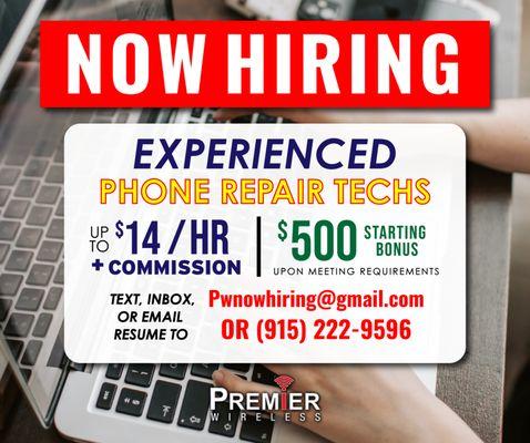 Now Hiring apply via email or by texting resume.