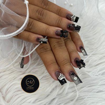 Acrylic, black jelly color, nail charm and rhinestone.