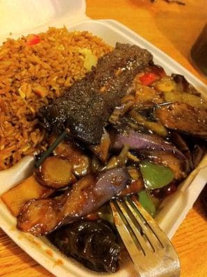 Pork Fried Rice, Beef Teriyaki, and Spicy Garlic Eggplant