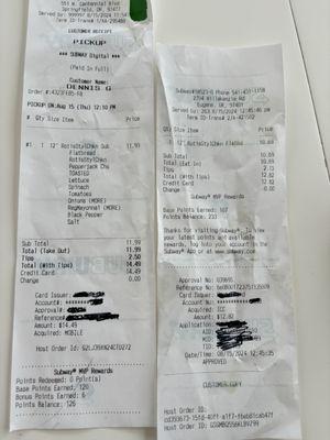 The two receipts for the same sandwich