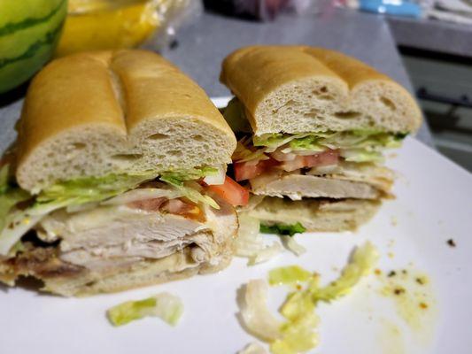 Grilled chicken sub w/pepper jack and veggies