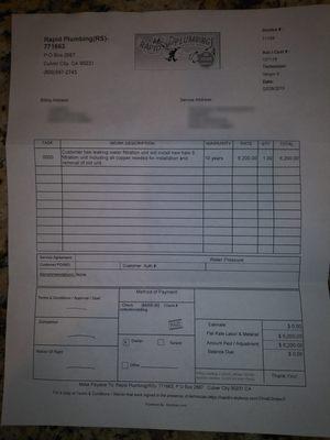 Invoice indicating Rapid Plumbing was paid, $0 balance due.