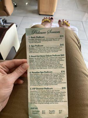 Pedicure menu