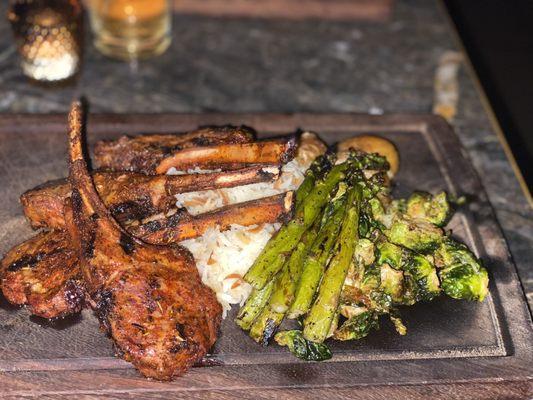 Lamb Chops Grilled Asparagus rice & Brussel Sprout