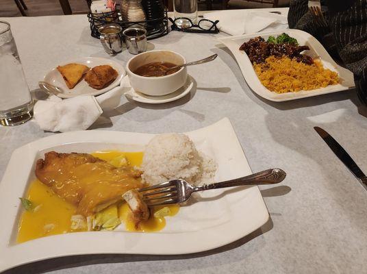 War su gai, hot-n-sour soup, egg roll, cream wonton and sesame beef.