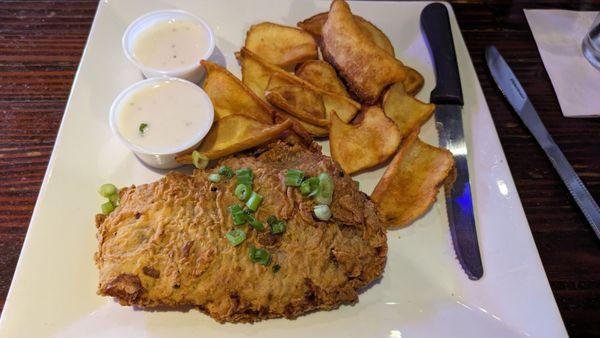 Chicken fried steak. The steak was good. The gravy was thin and needed more pepper. I got fries instead of mashed potatoes.