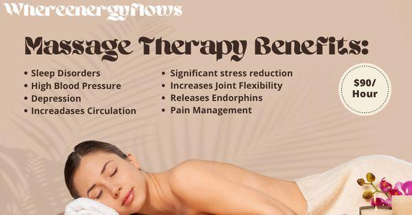 Discover the benefits of massage therapy: reduce stress, reduce pain, & enhance wellness for $90/hour. Whereenergyflows, healing follows.