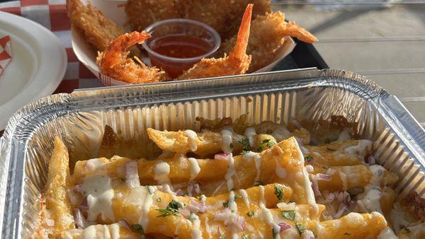 Coconut shrimp and loaded fries from Sizzlin Jamaican Cuisines