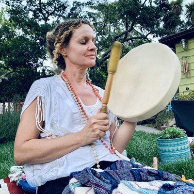 Shannon Hopkins, owner of Blessingways. Shamanic Journey drumming.