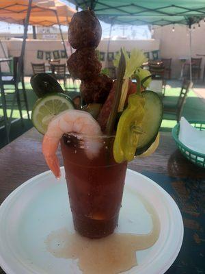 Weekend Bloody Mary: 3 meatballs, giant shrimp, bacon strip, salami wrapped cheese stick,  and tons of veggies. It's a meal!