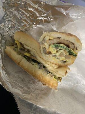 Mushroom, Spinach, Egg, Cheese, and Sausage on a Roll