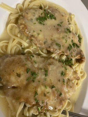 Chicken Francese over linguini pasta