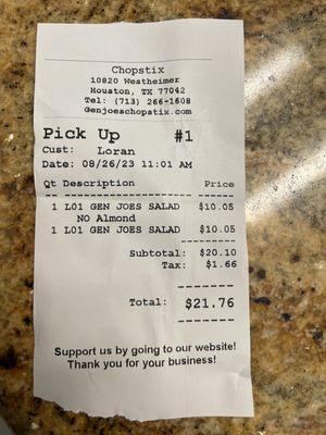 Paid receipt for to L1. General Joe's Salads.