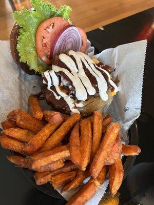 Burger and sweet potato fries