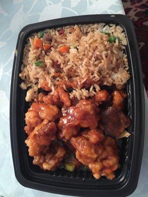 Orange chicken combo plate without eggroll pictured.