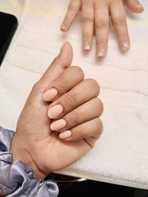 Nude color dip nail for me and Champagne gold glitter for my MIL