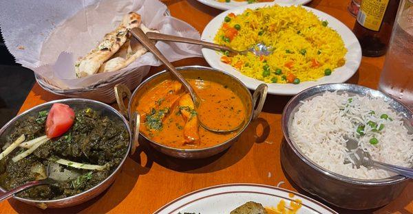 Saag with potatoes, Butter Chicken, saffron rice