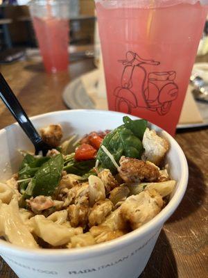 Carbonara bowl with crispy chicken.