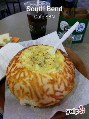 Chicken and Veggie soup in a bread bowl at the South Bend Airport restaurant