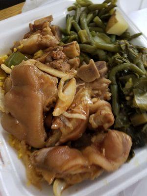 Pig feet with collard greens and green beans with potato.