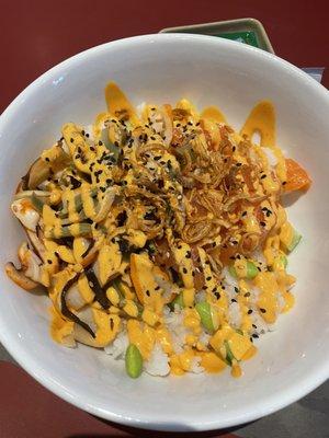 Salmon and squid salad poke bowl