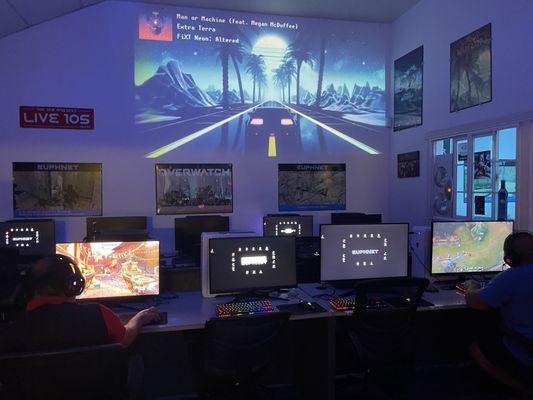 Gaming PCs and a neat large projection on the wall of whatever they want to show at the time.