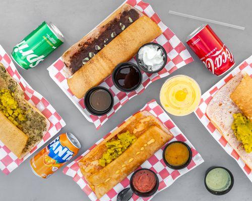 A glimpse of savory and dessert dosas. Check out our Spearmint Dosa, Pesto Dosa and Spicy Mayo Dosa