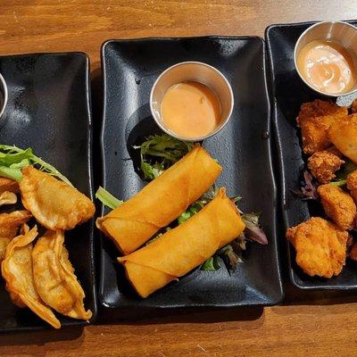 Dumplings, spring rolls, karaage