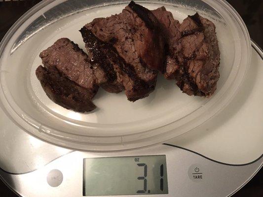 $40 for 3 oz Filet Mignon.  Standard steaks are 8, 10, 12 oz. Ordered medium rare and you can see it's overcooked.