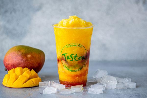 Mango All The Way: mango slushy with raspberry and green mango bits