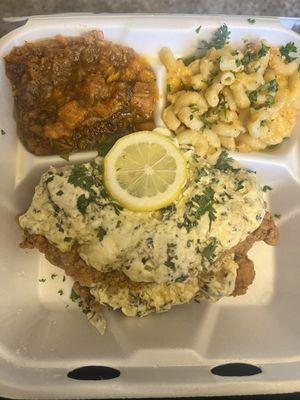 Stuffed Catfish with yams and mac & cheese