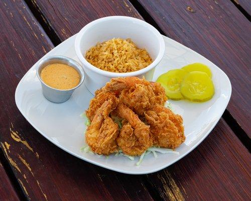 Shrimp Box with Cajun Rice Pilaf ~ Hand Battered Fried or Pan-Seared Served with One Sides, Pickles & Remoulade Dipping Sauce