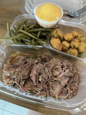 Pulled pork, green beans, fried okra, cornbread muffin