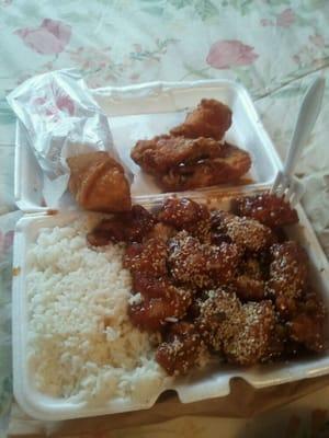 My usual: Sesame chicken w/white rice, 2 wings and a shrimp roll.