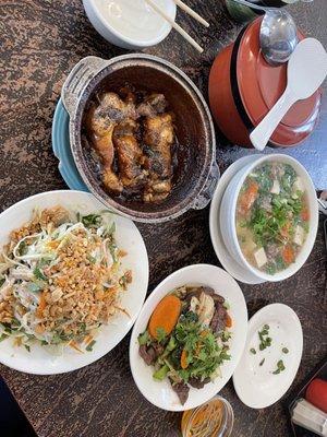 Braised Fish, Chicken Salad, Beef Stir-fry, Tofu Soup and a thingy of white rice.