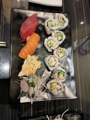 Tuna, Smoked Salmon, Chopped Scallop Sushi with California Roll