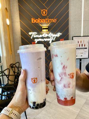 Taro Coconut Smoothie with boba (no extra charge) and taro paste; Coconut Watermelon Slush with added coconut chia pudding