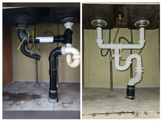 Before and after kitchen sink drain.