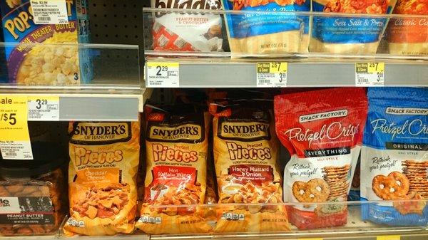 Snyder's Pretzel Pieces in several flavors you dont find at larger grocery shops