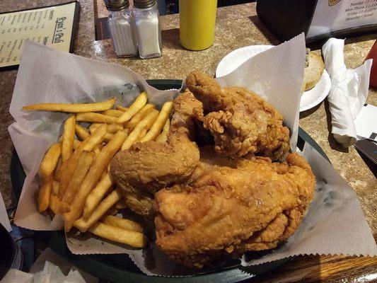 Fried chicken dinner. Fries,coleslaw, and bread and butter