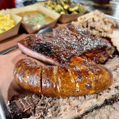 Davy Jr platter with brisket, sausage, pulled pork, turkey, and ribs.