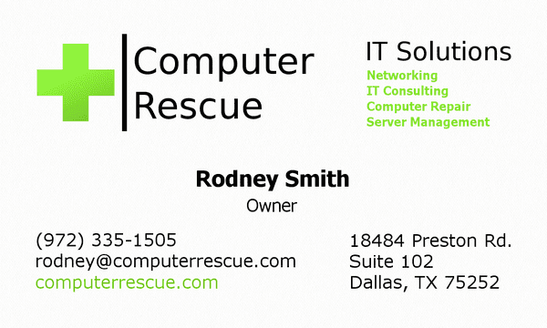 Computer Rescue business card back design. Get your business cards and flyers designed by Computer Rescue.