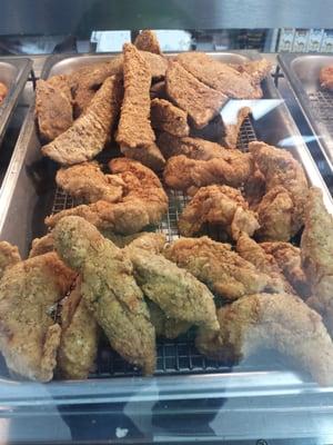 Chicken tenders-non frozen chicken lighty batter. Big potato wedges