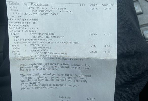 Receipt for the warranty on the tires they refused to honor