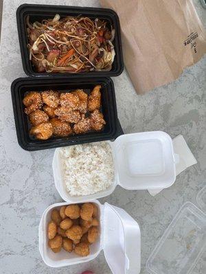 Pork Lo Mein, Corn Nuggets, Sesame Chicken.