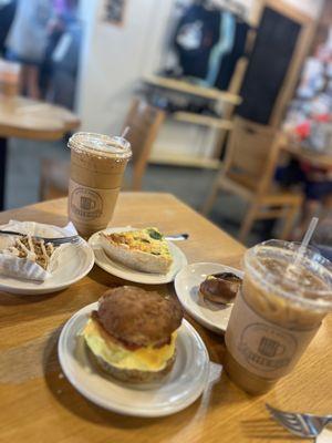 Gluten Free Signature Breakfast Sandwich Gluten Free Quiche Slice Iced Latte Iced Caramel Macchiato